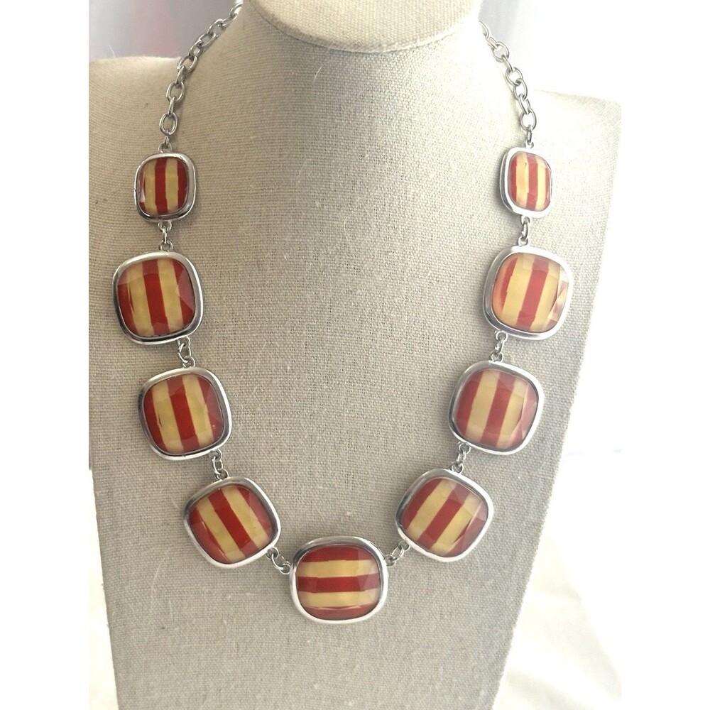 Vintage Red Yellow Striped Statement Necklace SilverTone Faceted Retro Chunky